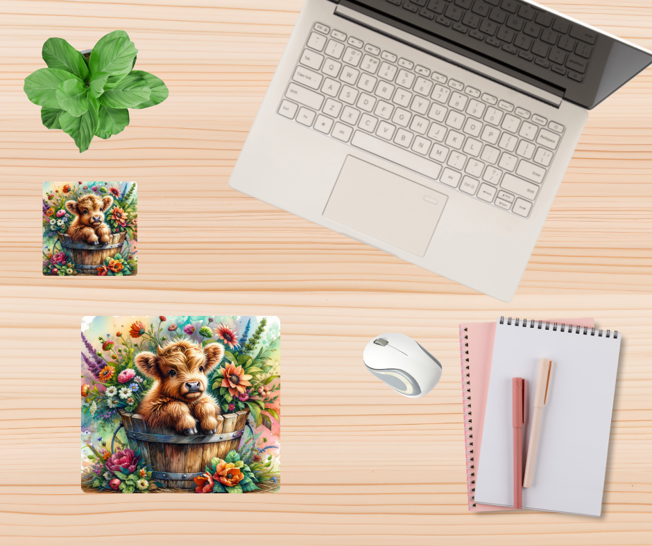 Highland Cow Country Mouse Pad & Coaster Set